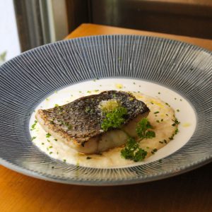 Corvina con crema de cebolleta tierna pochada
